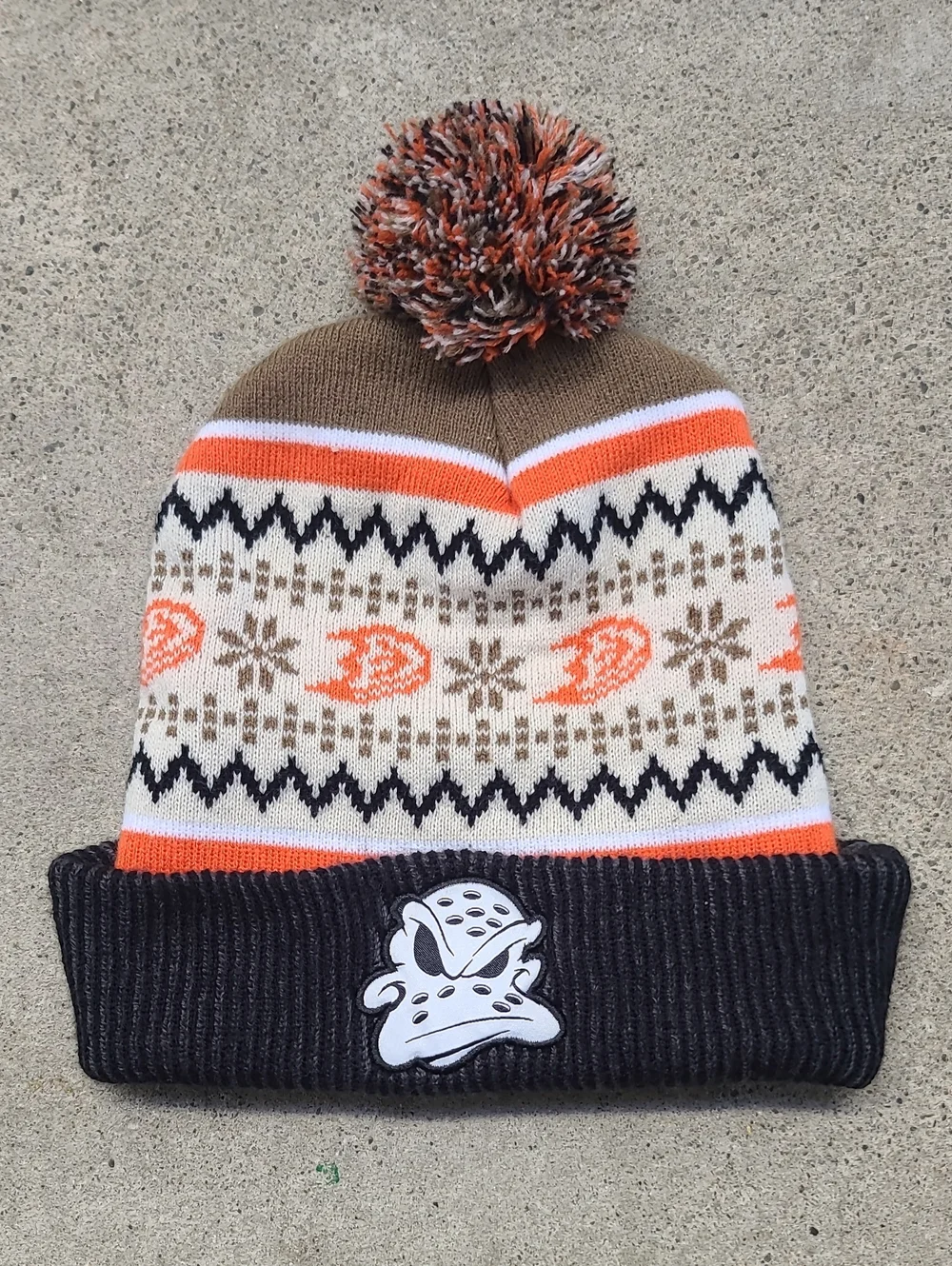 Pom-Pom Knit Hat with Duck Patch — Brown, Orange, Cream